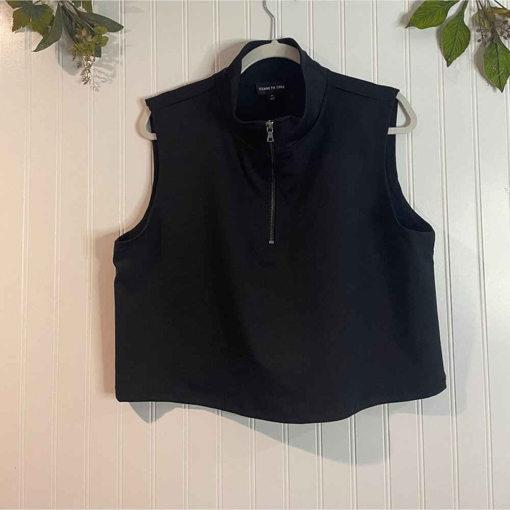 Kenneth Cole Black Sleeveless Zip Front Mock Neck Top XL Polyester Blend